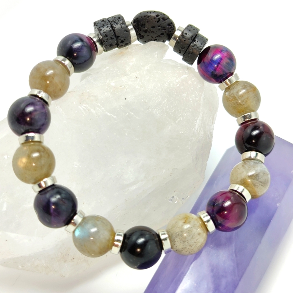 Labradorite, Blue/Purple Hawk's Eye natural gem Diffuser Bracelet - Hand Crafted